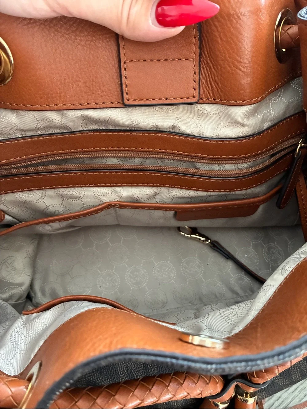Michael Kors Brown MK Monogram Drawstring Shoulder Bag with Tan Accents